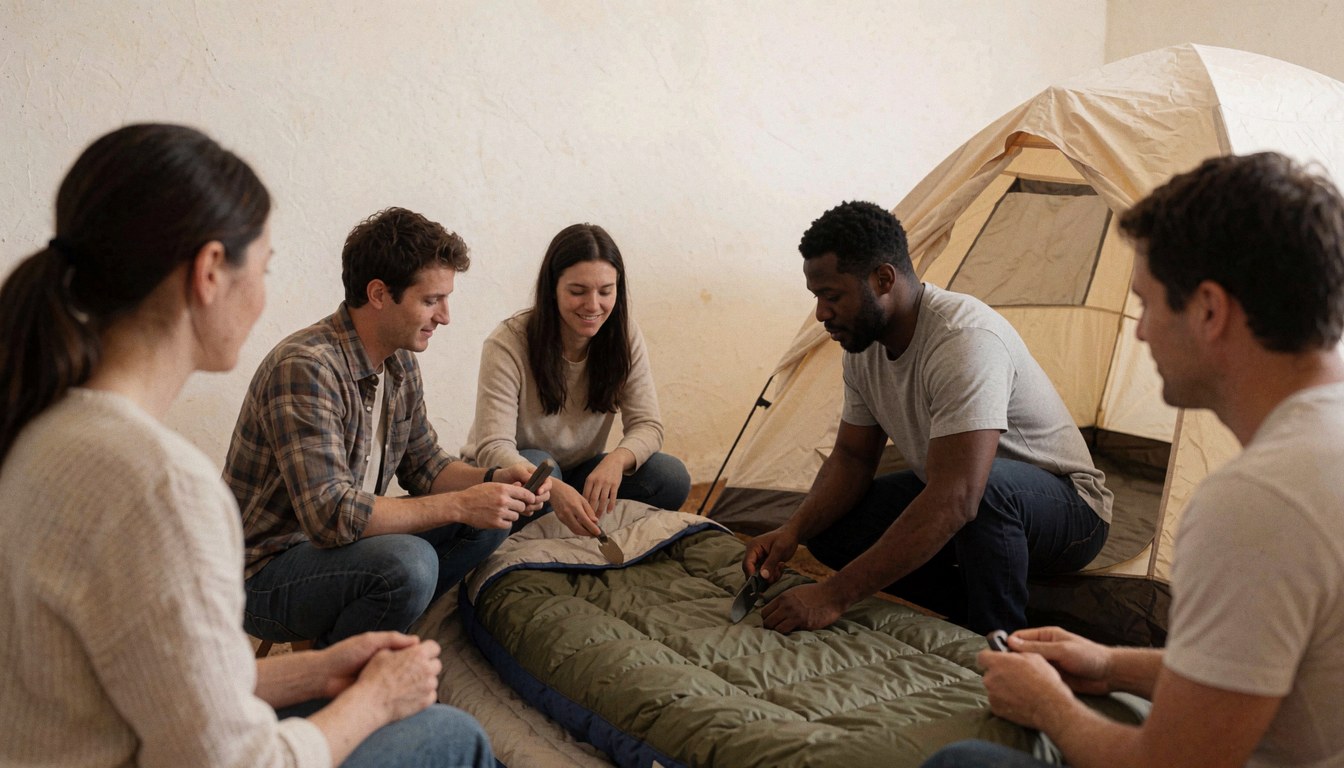 Des personnes préparent un matelas de camping à l'intérieur d'une tente aux murs peints avec lumière naturelle, idéal pour les campings et activités de plein air.