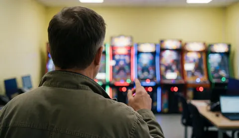 Un homme de dos pointe du doigt des machines arcade lumineuses dans un centre de divertissement aux murs jaunes vifs.