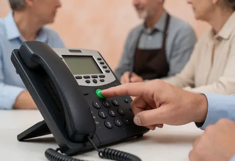 Un doigt appuie sur un bouton vert d'un téléphone noir posé sur un bureau dans un bureau avec des murs en plâtre terracotta.
