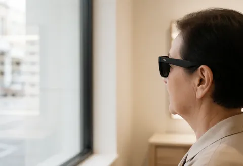 Une cliente satisfaite observe son image dans une grande vitrine d'optique aux murs blancs chaleureux, tenant ses nouvelles lunettes de soleil.