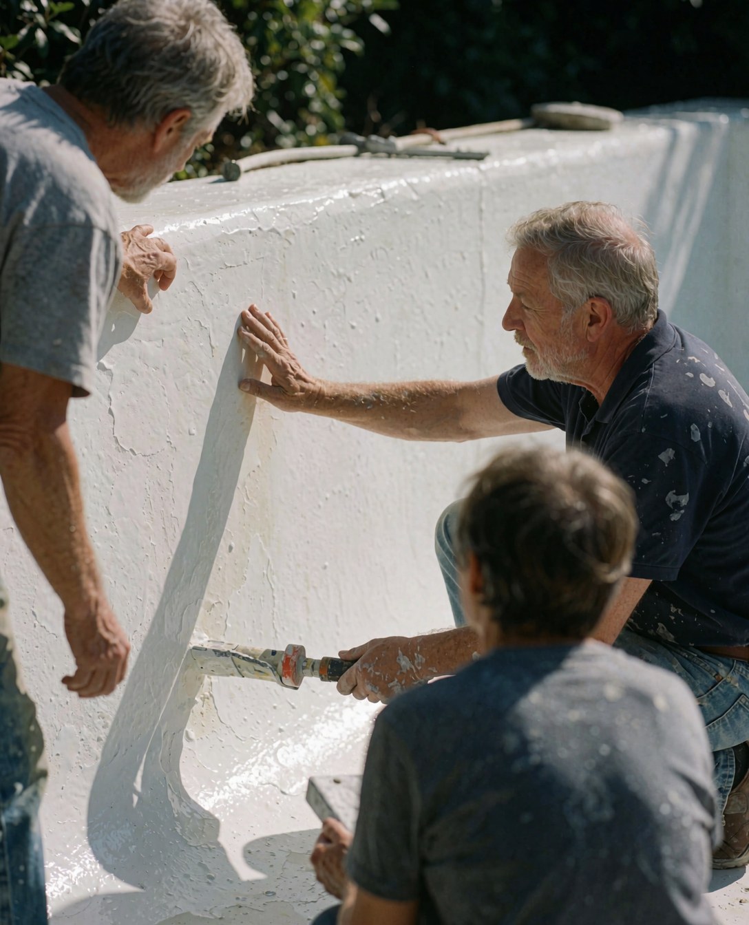Trois travailleurs appliquent de la peinture blanche sur la paroi courbe d'une piscine en plein soleil, illustrant un service d'installation.