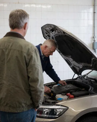 Un mécanicien examine le moteur d'une voiture au capot ouvert tandis qu'un client observe la scène depuis l'arrière de l'atelier.