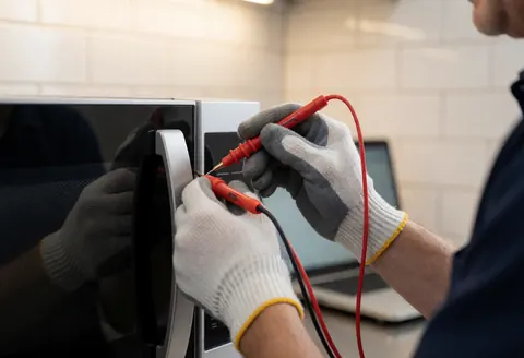 Un technicien en réparation de micro-ondes teste le joint d'étanchéité à l'aide d'un multimètre, portant des gants de protection sur fond de carreaux blancs.