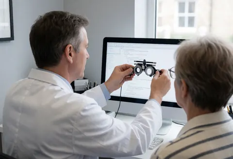 Un optométriste ajuste des lunettes sur un client devant un écran d'ordinateur dans un bureau lumineux aux murs gris clair.