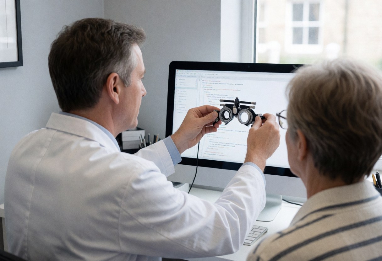 Un optométriste ajuste des lunettes sur un client devant un écran d'ordinateur dans un bureau lumineux aux murs gris clair.