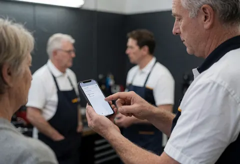 Un technicien en atelier montre l'écran d'un smartphone à un client tandis que d'autres collègues observent la scène en arrière-plan.