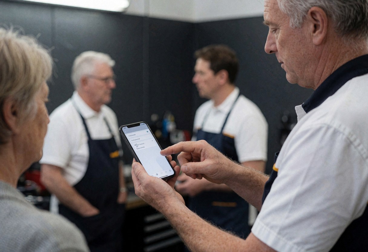 Un technicien en atelier montre l'écran d'un smartphone à un client tandis que d'autres collègues observent la scène en arrière-plan.