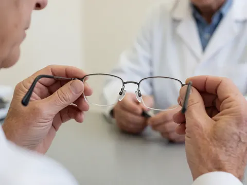 Un professionnel de l'optique en blouse blanche montre une paire de lunettes de lecture à un client âgé lors d'une consultation.