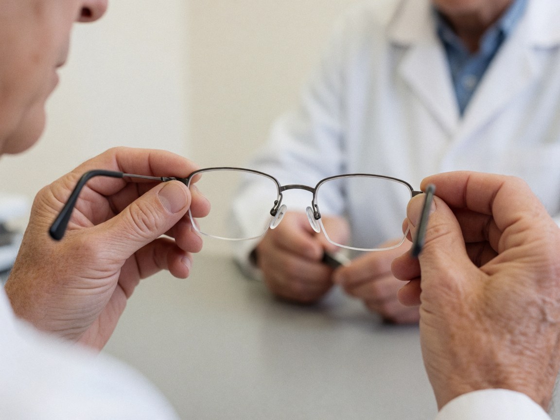 Un professionnel de l'optique en blouse blanche montre une paire de lunettes de lecture à un client âgé lors d'une consultation.