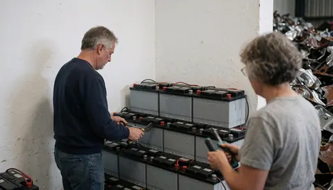Deux techniciens examinent des batteries au plomb dans un centre de recyclage, avec du métal recyclé en arrière-plan et des murs blancs.