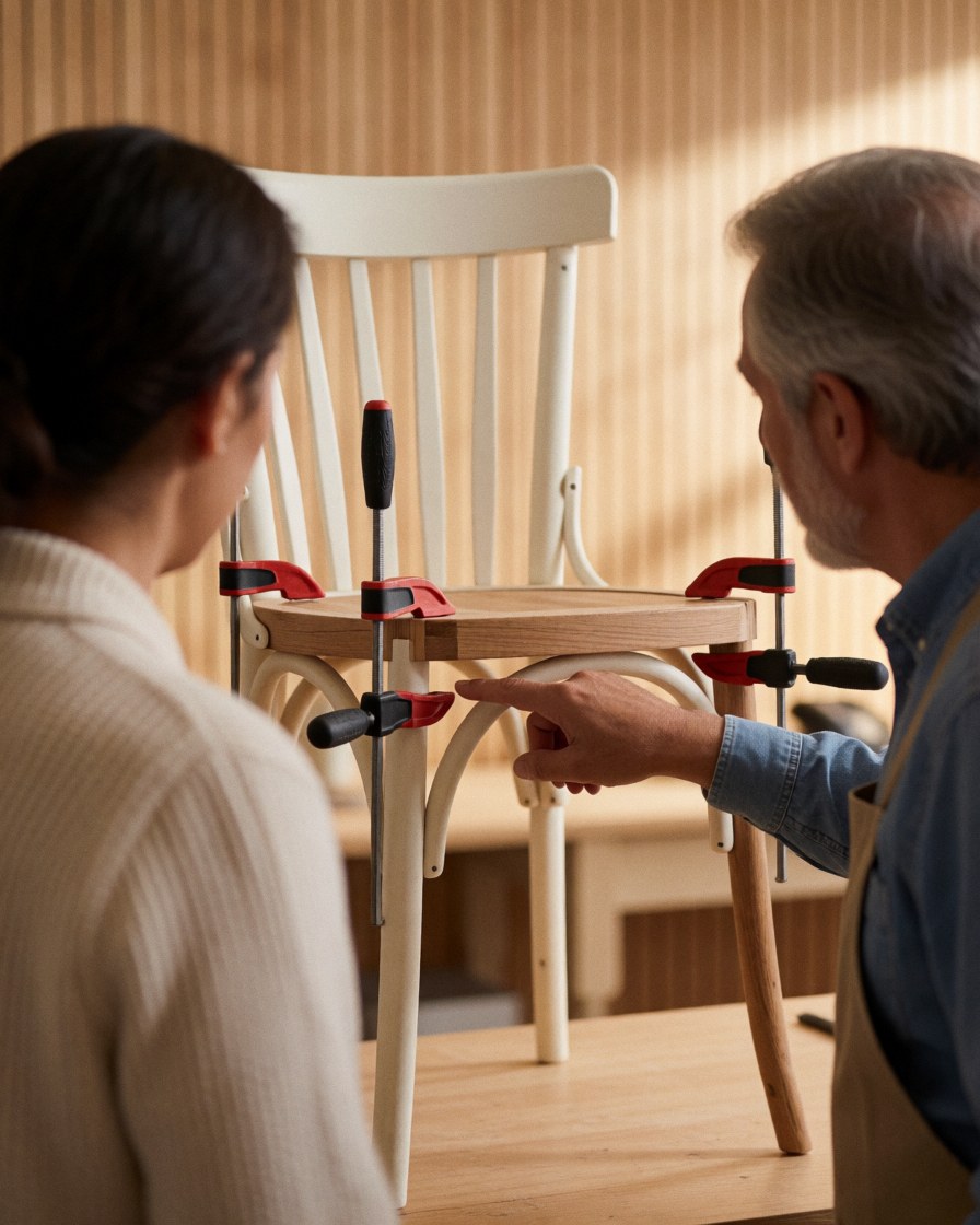 Une cliente examine une chaise en bois réparée à l'aide de serre-joints dans un atelier professionnel.
