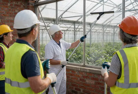 Des ouvriers en tenue de sécurité nettoient les parois vitrées d'une serre remplie de plantes vertes, illustrant un service de nettoyage professionnel en action.