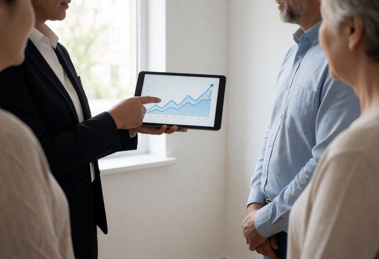 Un agent d'assurance montre un graphique de croissance sur une tablette à des clients dans un bureau lumineux aux murs blancs.