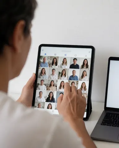 Un client consulte ses photos de profil professionnelles sur un écran de tablette numérique dans un environnement de bureau moderne.