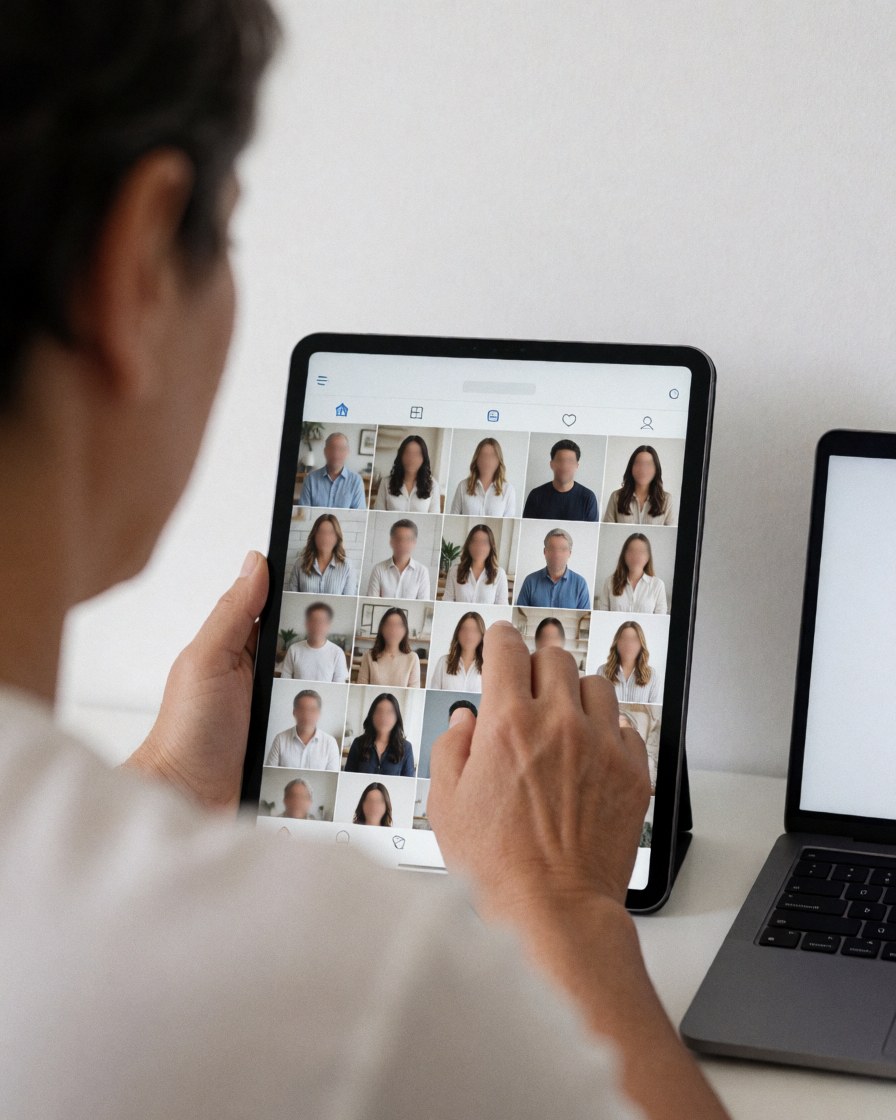 Un client consulte ses photos de profil professionnelles sur un écran de tablette numérique dans un environnement de bureau moderne.