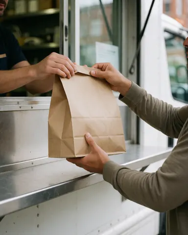 Une cliente reçoit un sac de nourriture des mains d'un vendeur dans un camion de marketing, avec une lumière naturelle claire.