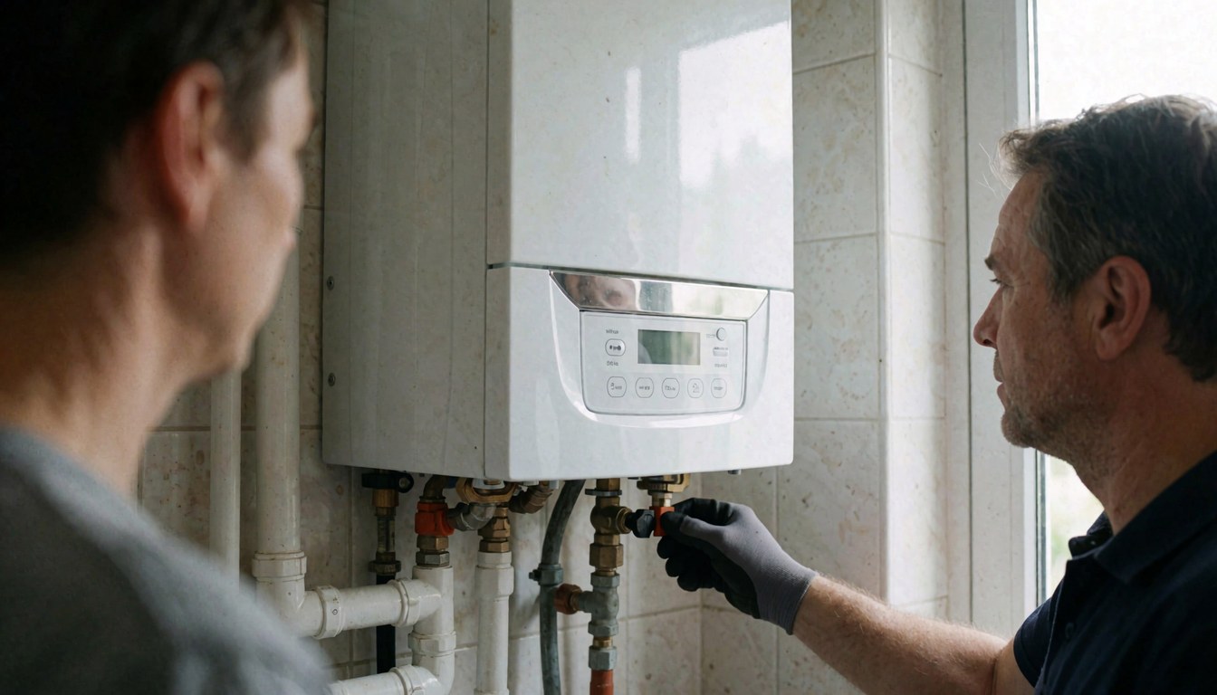 Un technicien en gant règle une vanne sur une chaudière blanche fixée au mur carrelé tandis qu'un client observe la scène.
