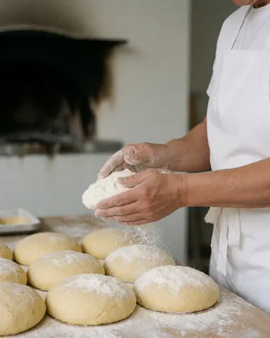 Un boulanger saupoudrant de la farine sur des pâtes à pain dans un four au bois, illustrant le processus artisanal dans un hébergement rural.