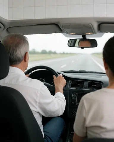 Vue intérieure d'un véhicule montrant des mains tenant le volant, la route s'étendant devant et le rétroviseur visible.