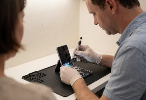 Un technicien en gants répare un téléphone ouvert sur une nappe antistatique, éclairé par une lumière focalisée lors d'un service de réparation de mobiles.