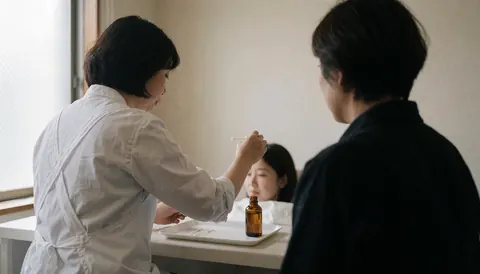 Un professionnel en tablier blanc applique de l'huile sur les sourcils d'un client, avec des miroirs et une bouteille sur une table blanche.