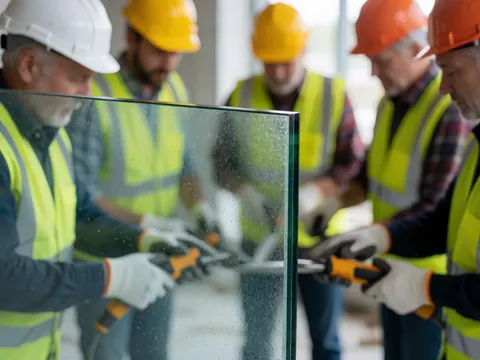 Des travailleurs en tenue de sécurité installent un panneau de verre trempé sur un chantier, illustrant la réparation et la mise en place de fenêtres.