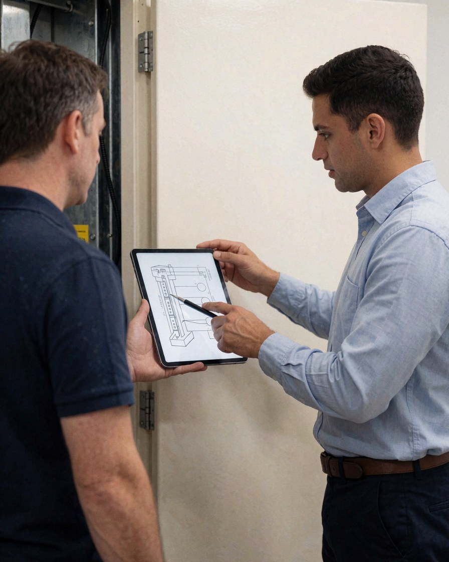 Deux techniciens en tenue professionnelle consultent un diagramme technique affiché sur une tablette numérique à proximité d'une porte dans un environnement industriel.