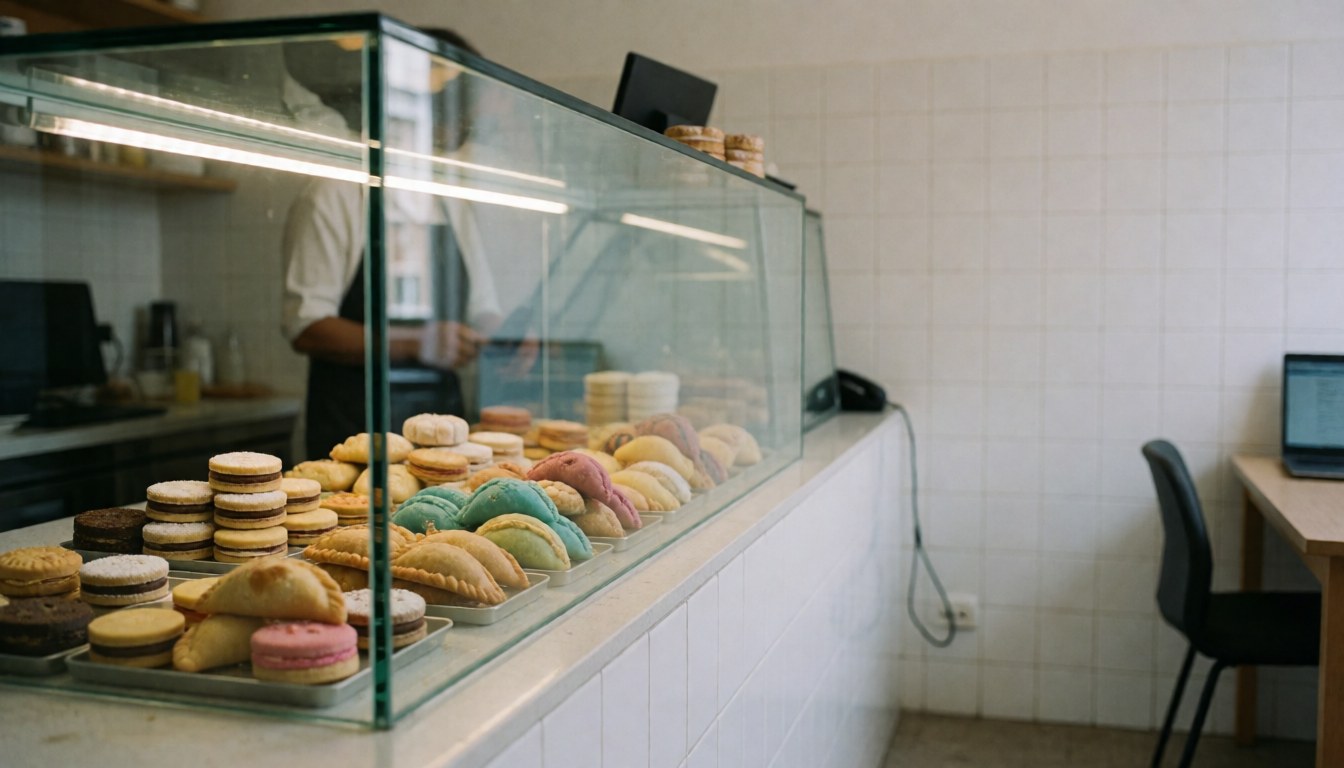Comptoir de pâtisserie présentant des alfajores et des empanadas colorées, murs de carreaux blancs et personne travaillant derrière le comptoir.