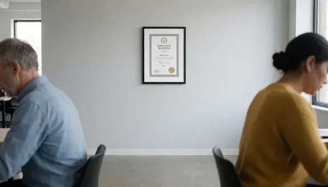 Bureau moderne avec mur gris et certificat encadré, deux personnes travaillant à des tables avec lumière naturelle.