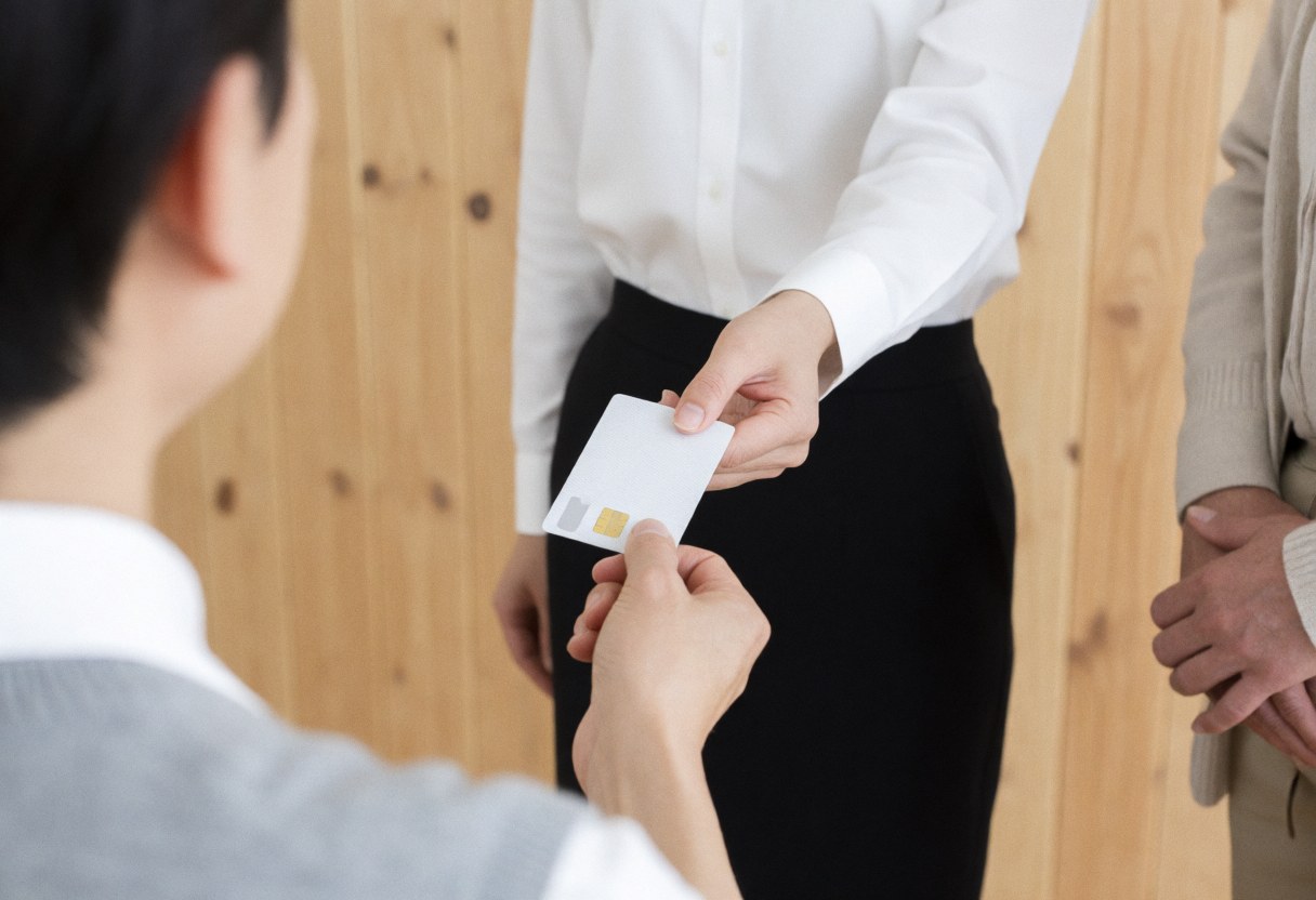 Un agent d'assurance remet une carte de police à un client dans un bureau avec des murs en bois, illustrant un service professionnel et clair.