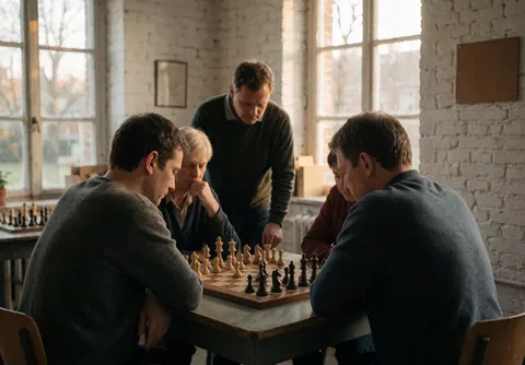 Quatre adultes jouent aux échecs sur une table en bois dans une salle avec des murs de briques blanches et une lumière naturelle entrant par des fenêtres hautes.
