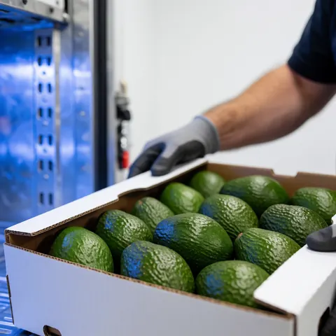Une main portant un gant ajuste une caisse remplie d'avocats verts à l'intérieur d'un camion frigorifique éclairé par des lumières bleues.