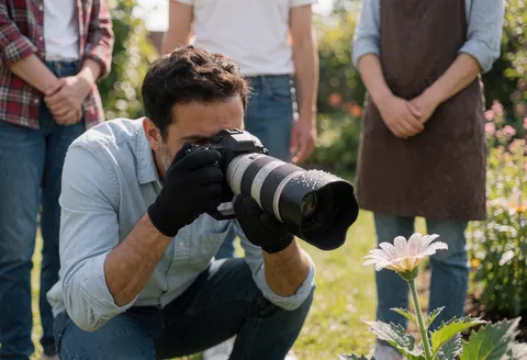 Un photographe professionnel en gants prend une photo macro d'une fleur avec du rosée dans un jardin, avec d'autres personnes debout en arrière-plan.