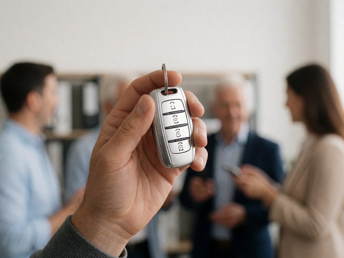 Une main tenant une clé automobile dans un environnement de bureau professionnel avec un arrière-plan flou, adapté aux assurances et services immobiliers.