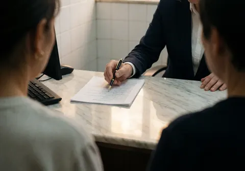 Un agent d'assurance signe un document avec deux clients dans un bureau équipé d'un ordinateur et d'une table en marbre.