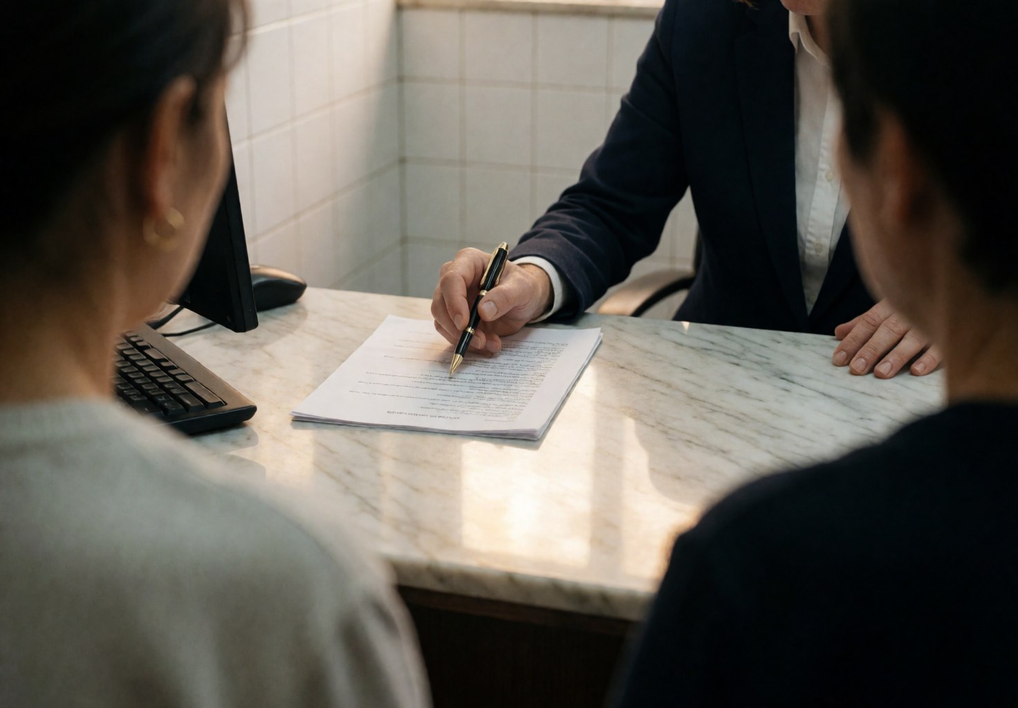 Un agent d'assurance signe un document avec deux clients dans un bureau équipé d'un ordinateur et d'une table en marbre.