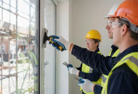 Des ouvriers en casques et gilets de sécurité retirent de la peinture d'une nouvelle fenêtre sur un chantier avec des échafaudages en arrière-plan.