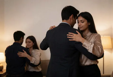 Un couple exécute des figures de tango dans un salon aux murs blancs, éclairé par une lumière douce et chaleureuse qui met en valeur leur synchronisation.