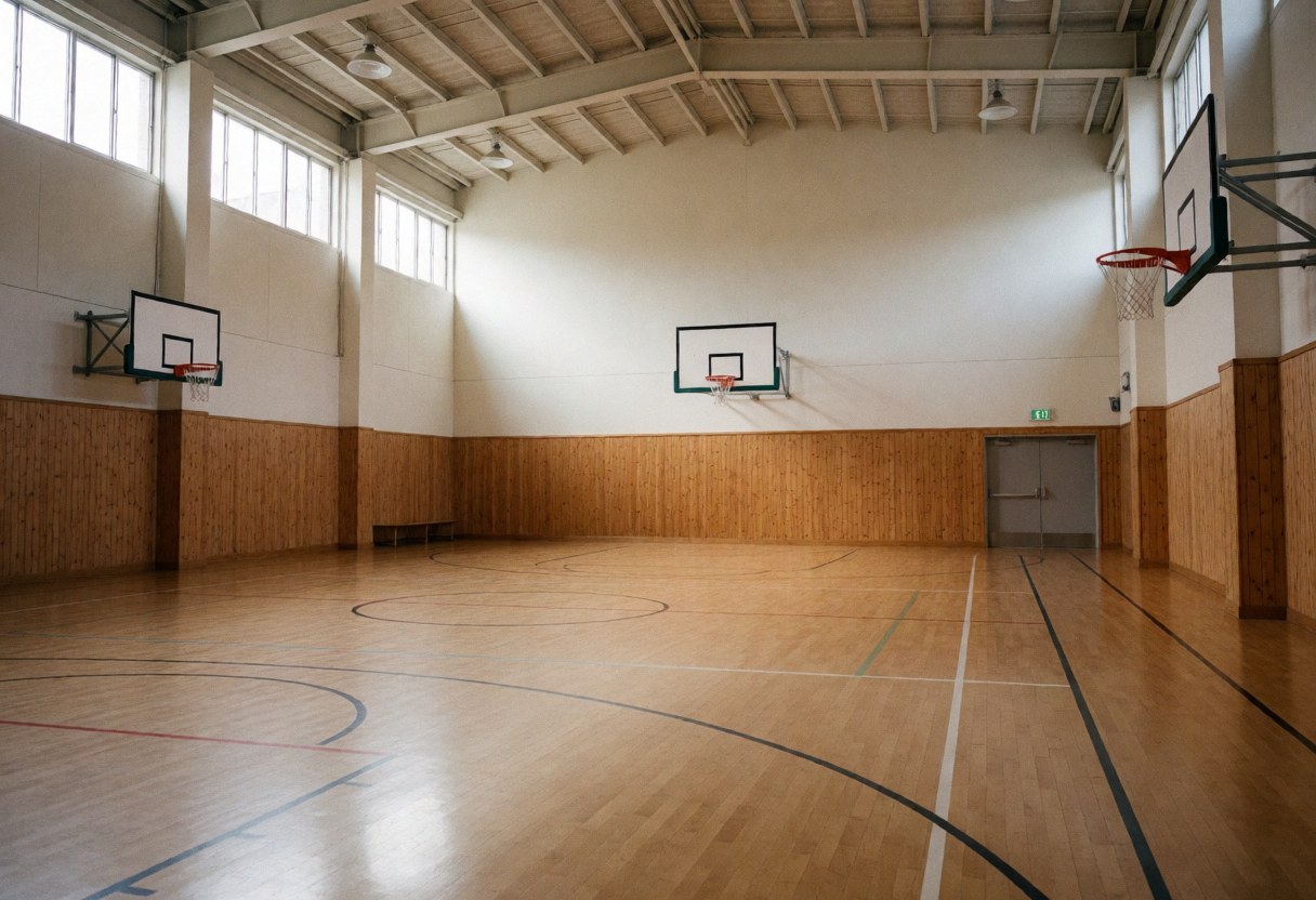 Intérieur d'un gymnase avec sol en bois poli et paniers de basket, idéal pour un installateur de courts de tennis.
