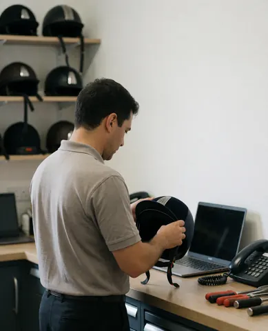 Un professionnel inspecte un casque équestre dans une sellerie avec des étagères de casques et des outils sur la table.