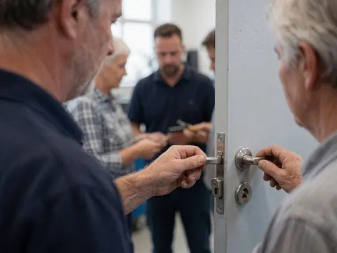 Un technicien ajuste une serrure sur une porte pendant qu'un client observe dans un atelier aux murs gris clair.