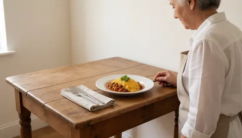 Une femme sert de la nourriture sur une table en bois rustique dans un hébergement aux murs blancs.