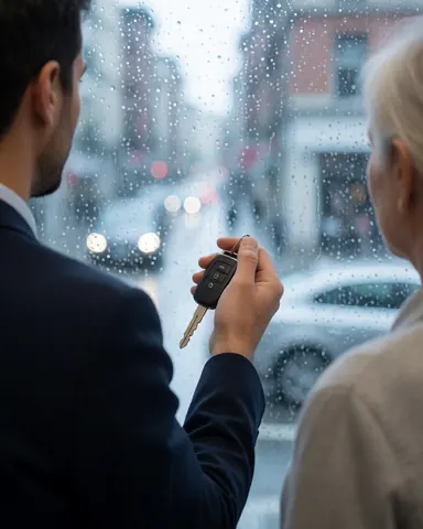 Une cliente tient les clés de son véhicule en regardant par la fenêtre vers une rue urbaine sous la pluie, évoquant la tranquillité et la satisfaction.