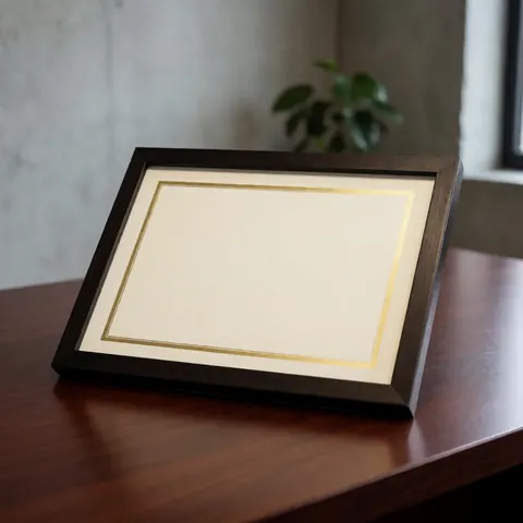 Cadre doré contenant un certificat posé sur une table en bois poli avec mur en béton et plante en arrière-plan pour bureau professionnel