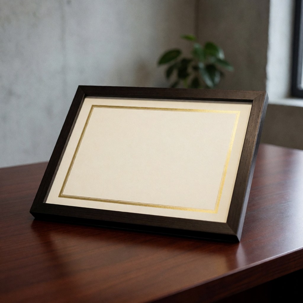 Cadre doré contenant un certificat posé sur une table en bois poli avec mur en béton et plante en arrière-plan pour bureau professionnel