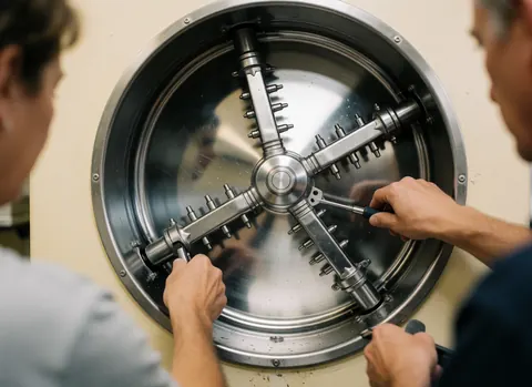 Deux techniciens utilisent des outils pour régler le mécanisme d'un coffre-fort métallique sur fond beige, illustrant la sécurité financière et le service professionnel.