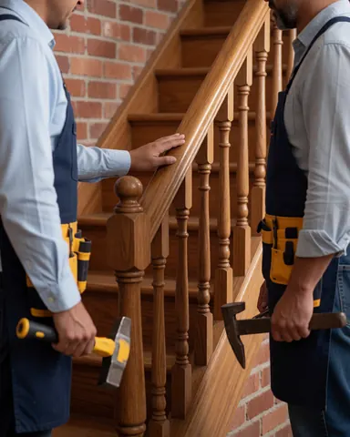 Deux charpentiers examinent un escalier en bois brillant avec des outils, devant un mur de briques rouges, illustrant une intervention de réparation.