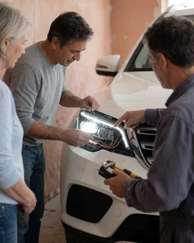 Un mécanicien pose un phare LED sur une automobile blanche pendant qu'un client observe dans un atelier aux murs clairs.