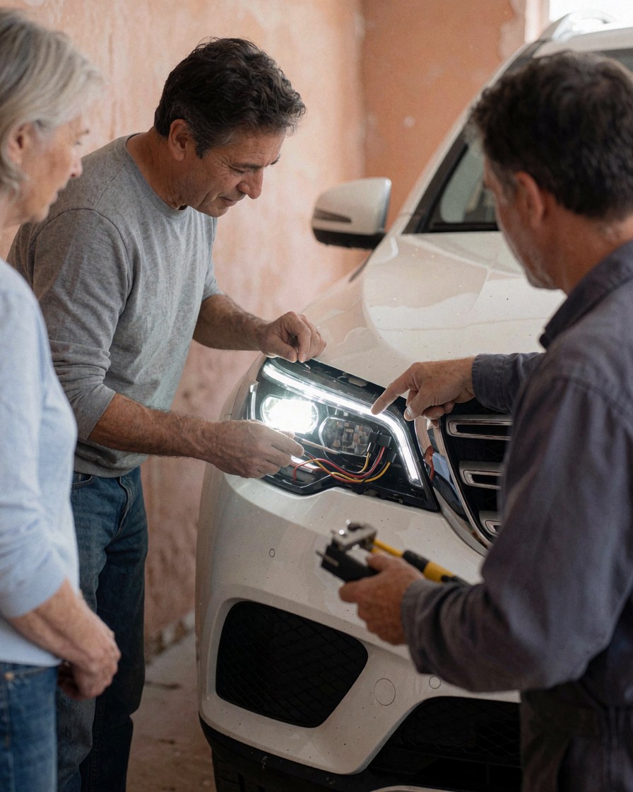 Un mécanicien pose un phare LED sur une automobile blanche pendant qu'un client observe dans un atelier aux murs clairs.