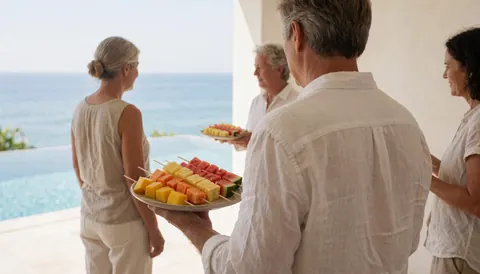 Personnel servant des fruits en brochettes près d'une piscine avec vue sur la mer dans un resort touristique.